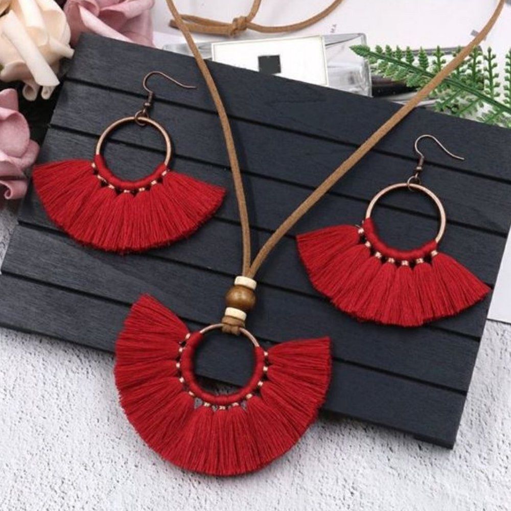 Boho Tassel Necklace & Earrings Set Fan Fringe Statement Festival Jewelry - Picture 4 of 6